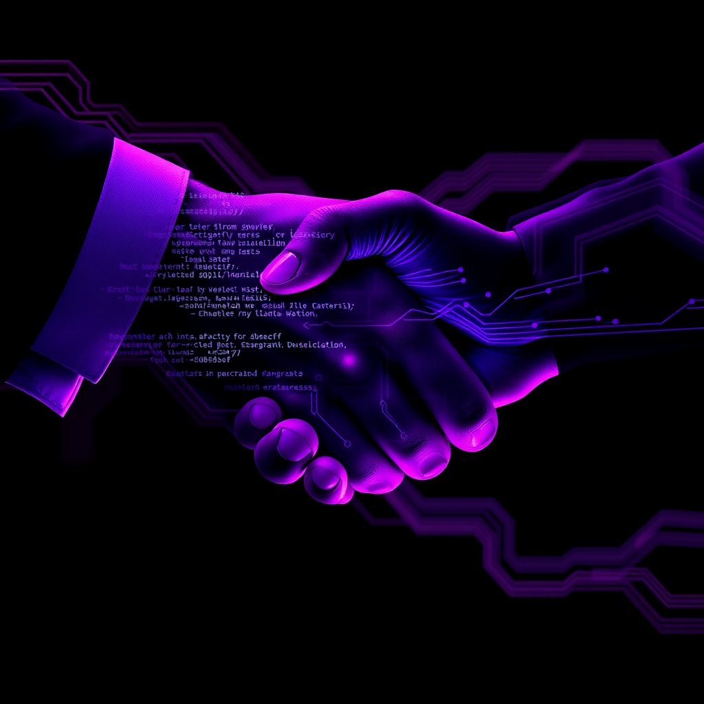 A handshake blending into circuit lines